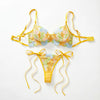 Women Yellow Floral Embroidery Lingerie Set Bow Tie Side Sheer Mesh Bra And Thong 2‑Pieces Intimate Underwear ZA825291