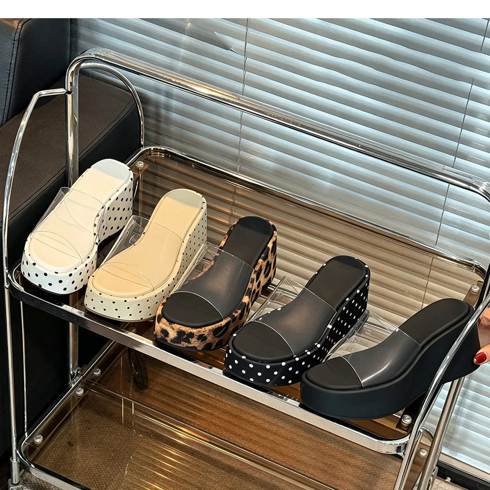 Transparent PVC Wedge Slide Mules Shoes Women Vintage Slip On Platform 7.5CM High Heel Leopard Print Polka Dot Summer Sandals