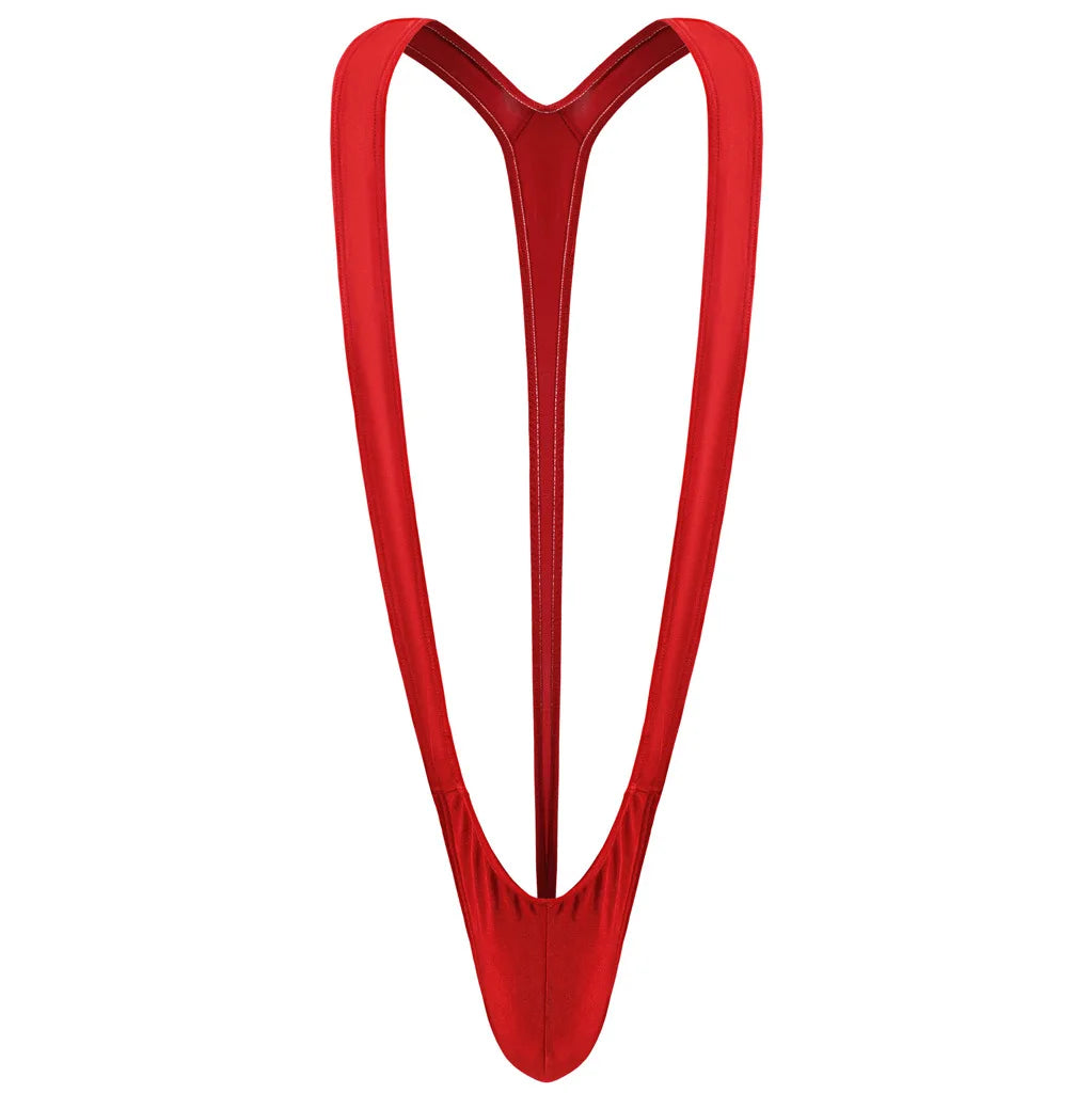 DEKA Mens Glossy Mankini One-Piece Swimsuit Bulge Pouch Thongs V-Shaped Suspender Bodysuit Hollow Out Swimwear Underwear Clubwea