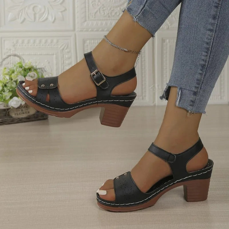 Women's Chunky Heel Sandals Strap Plus Size Shoes Solid Color One Line Fashion Sandals for Women Summer 2026