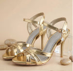 2026 Summer New Women's Metallic High Heel Sandals Ankle Strap Crystal Buckle Stiletto Heels Sexy Party Wedding Prom Dress Shoes