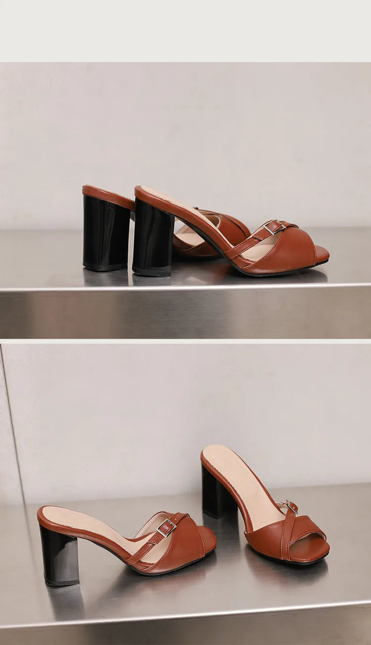 Summer New Fashion Open Toe Solid Color Simple Leather Surface Versatile Color Large Slippers Square Heel Shoes Women