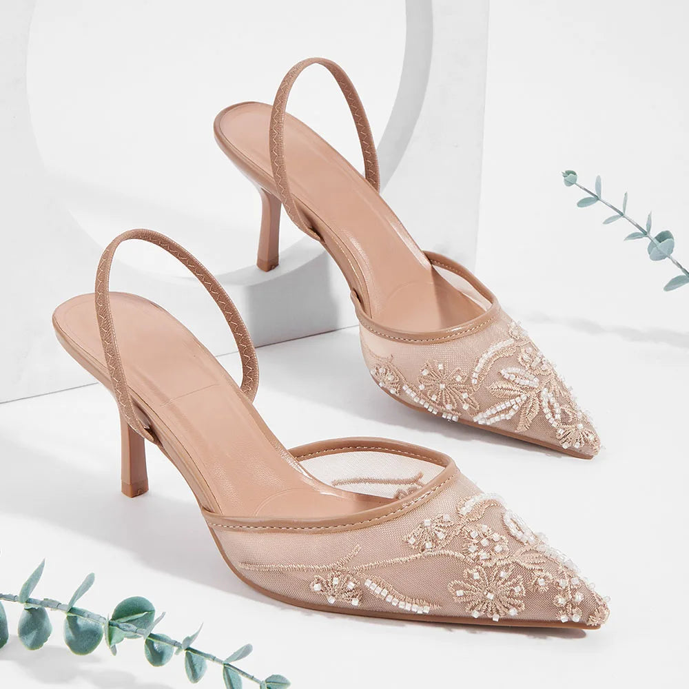 Nude 2 ways to wear Slingback Sandals Mules Big Size 42 Black Pointy Toe Mesh Embroidery Beading Thin High Heels Shoes Women