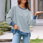 Long Sleeve Crewneck T-Shirt Split Hem Women Striped Oversized Sweatshirt Waffle Knitted Tunic Top Casual Women Sweater