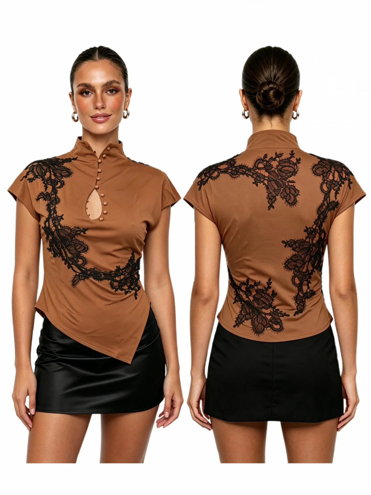 Women's Cheongsam Tops Mock Neck Short Sleeve Lace PatchworkBlouse Chinese Style Keyhole Summer Shirts