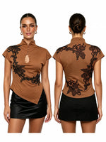Women's Cheongsam Tops Mock Neck Short Sleeve Lace PatchworkBlouse Chinese Style Keyhole Summer Shirts