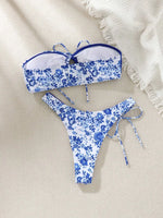 New Sexy Floral Print Bandeau Bikini 2024 Women Swimwear Female Swimsuit Two Pieces Thong Bikini Set Bather Tie Bathing Suit