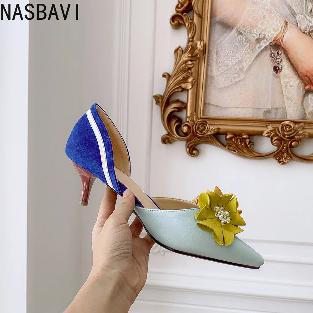 New 2027 Fashion Womens Floral Pointed Toe Flowers Stilettos Lady Mid Heel Shoes Mixed Colors Sandals Pumps Wedding Bridal Heels