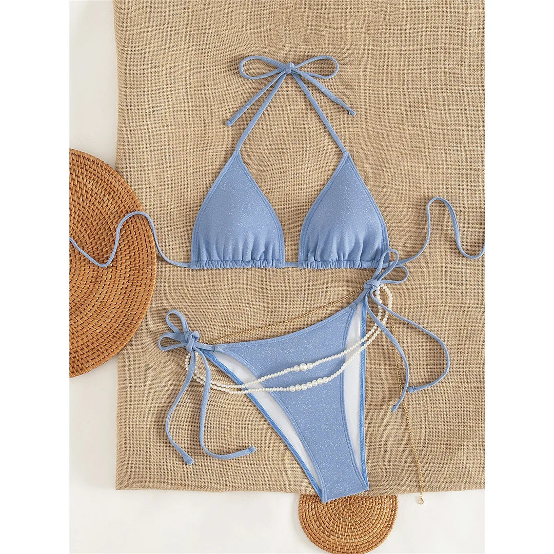 2026 Glitter Sparkling Pearls Halter Bikini Women Swimwear Female Swimsuit Two-Pieces Bikini Set Bather Bathing Suit Swim V8342