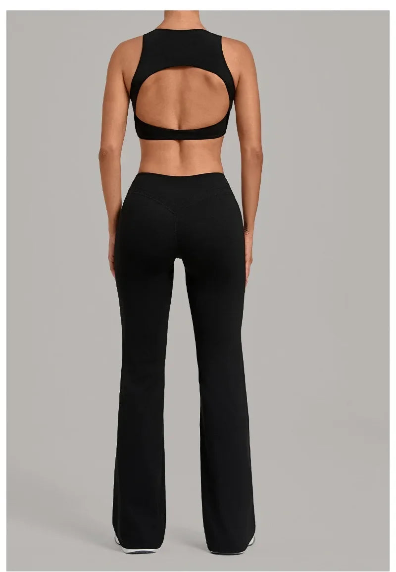 Women's Seamless Yoga Sets Sports Gym Fitness High Waist Hip-lifting Flared-pants Sleeveless Vest Workout Training Running Suits