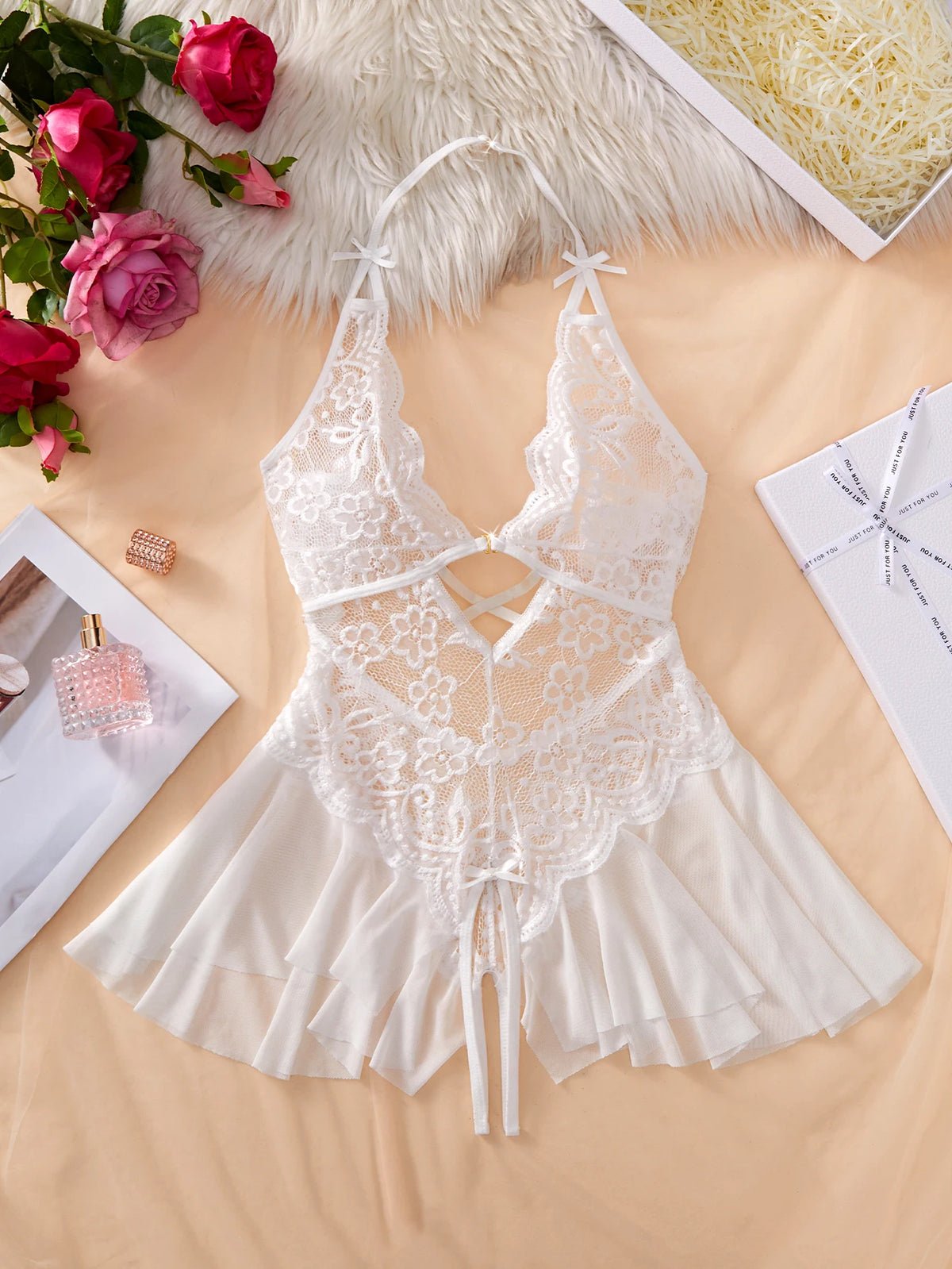 Bodycon Teddy Dress Crotchless Sheer Underwear Set Lace See Through Halter Deep V Sexy Lingerie Sultry Nightwear For Date Night