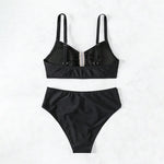 Solid Color High Waist Two Piece Swimsuit for Women U-neck Suspender Backless Bikini Set Beach Vacation Bathing Suit 2025 New