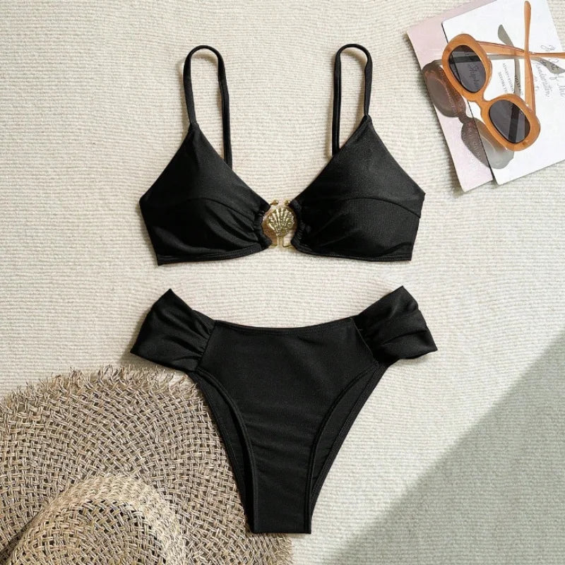 Sexy Pleate High Waist Bikini Set 2026 Women Orange Metal Buckle Push Up Two Piece Swimsuit Beach Bathing Suit Holiday Swimwear