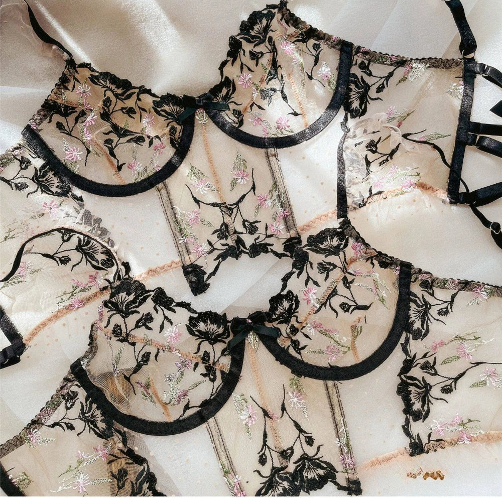 Sexy Lace Flowers Embroidery Lingerie Set Summer Ultra Thin Breathable Bra and Thong Sets Women Wide Version Romantic Underwear