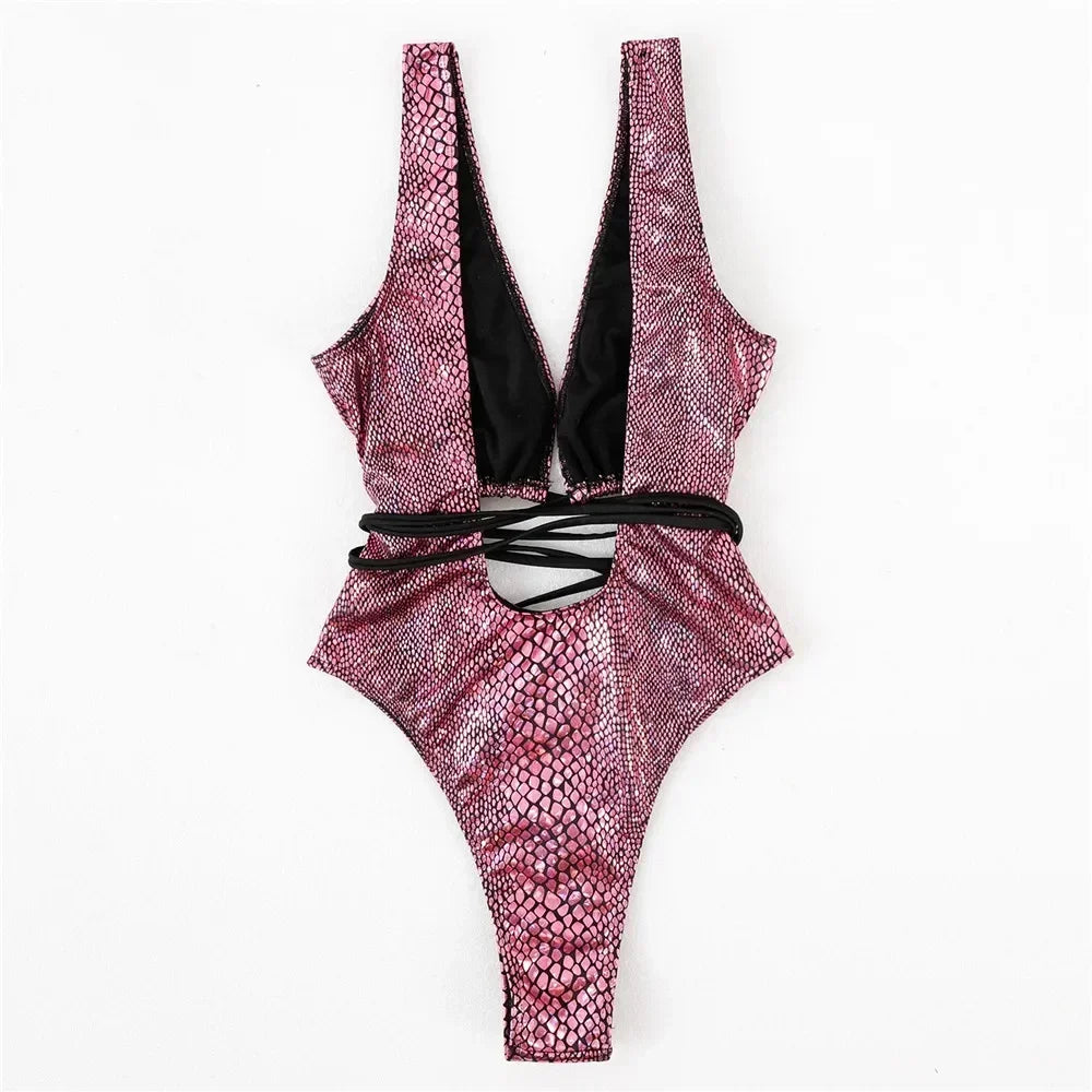 Sexy Gold Snake Print Shiny Swimwear Cut Out Monokini One Piece Swimsuits Women 2025 String Cross Bathing Swimming Suit Bodysuit