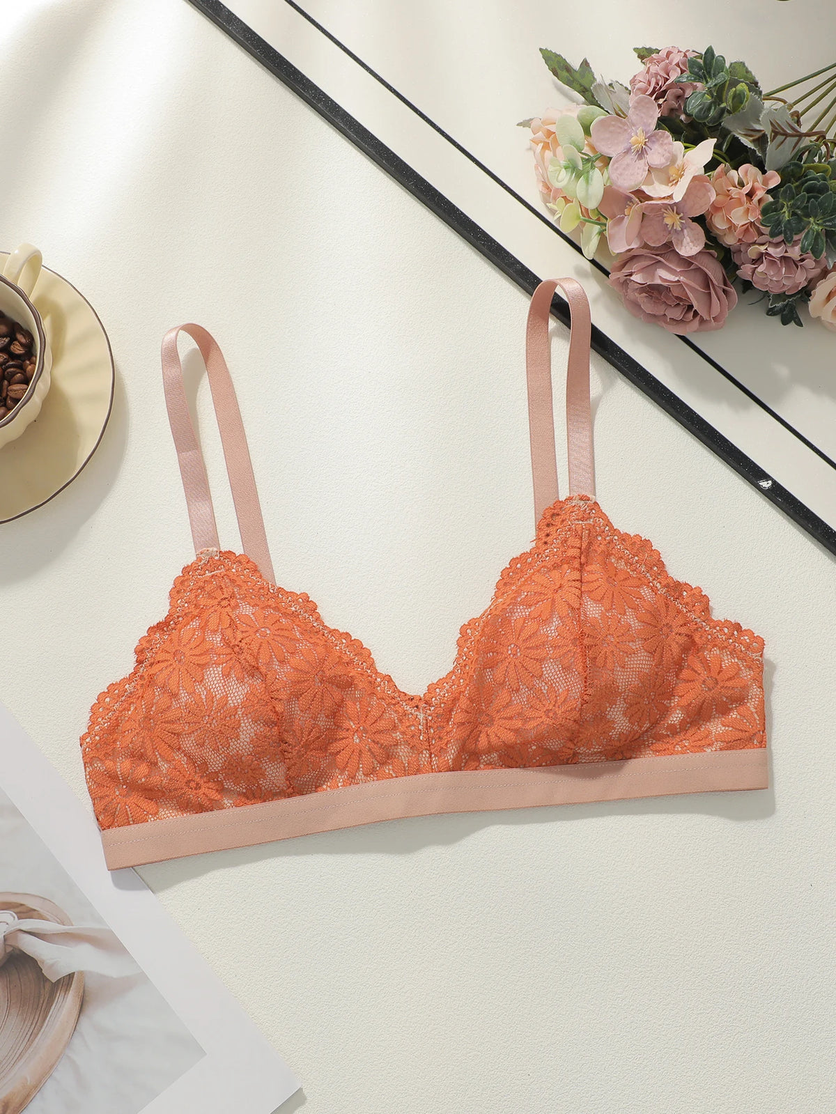 French Floral Lace Wireless Thin Straps Triangle Cup Women Summer Breathable See Through Lingerie Soft Daily Underwear MR2953