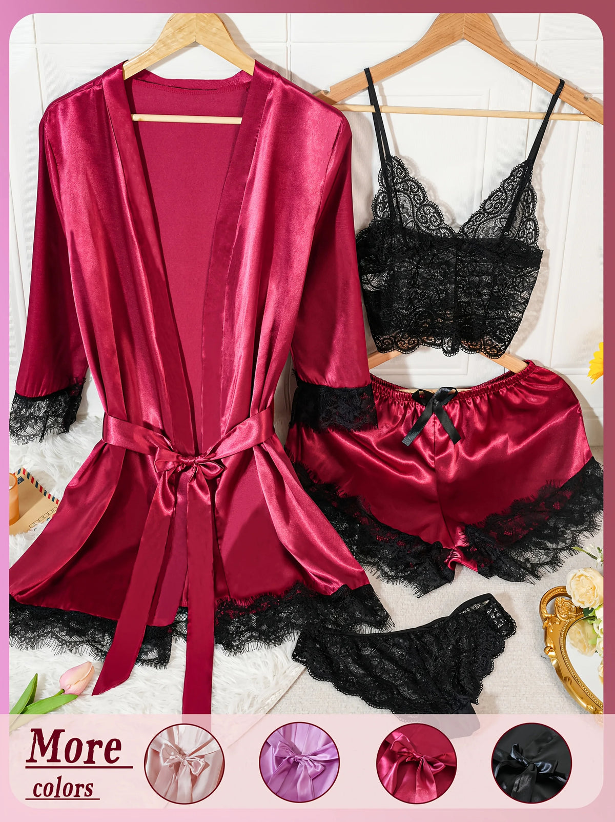 4Pcs Women Satin Pajama Set Robe Lace Lingerie Sexy Silk Nightwear Sleepwear Soft Satin Nightgown Pyjamas Nightdress Nighty Robe