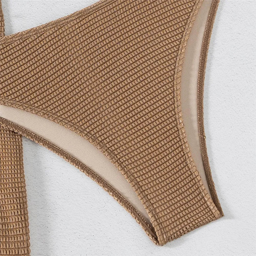 Brown Solid Swimwears Strapless Bandeau Bikinis Sets 3 Pieces Cover Up Sexy Swimsuit Woman 2026 Metal Buckled Bikini Beachwear