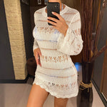 S - XL Long Sleeve Hollow Out Crochet Knitted Tunic Beach Cover Up Cover-ups Beach Dress Beach Wear Beachwear Female Women K5542