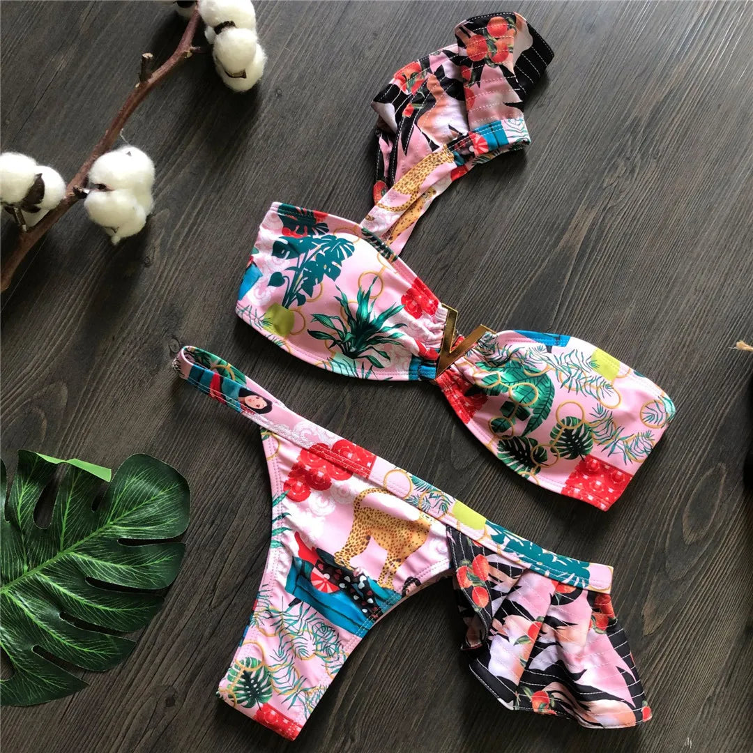 Flower Printed One Shoulder Bikini Women Swimwear Female Swimsuit Frilled Bather Bathing Suit Swim Two-pieces Bikini set K8049