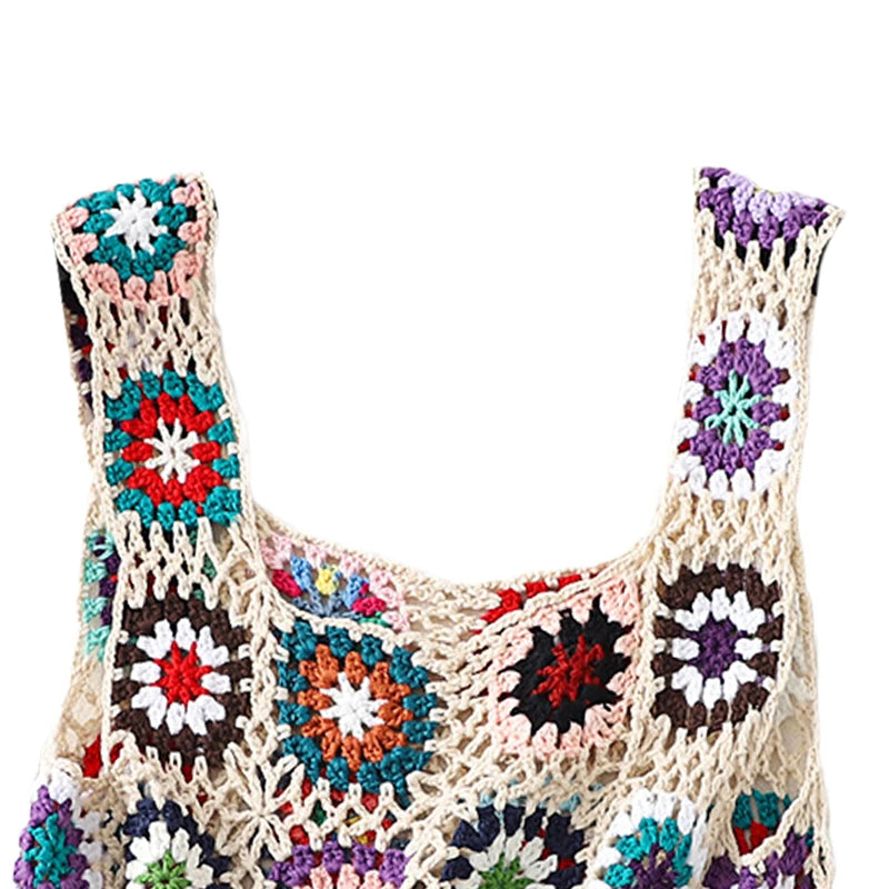 Summer Women Flower Crochet Vest Sleeveless Cover-ups Hollow Out Knit Crop Tops Bohemian Casual Daily Beach Tank Tops