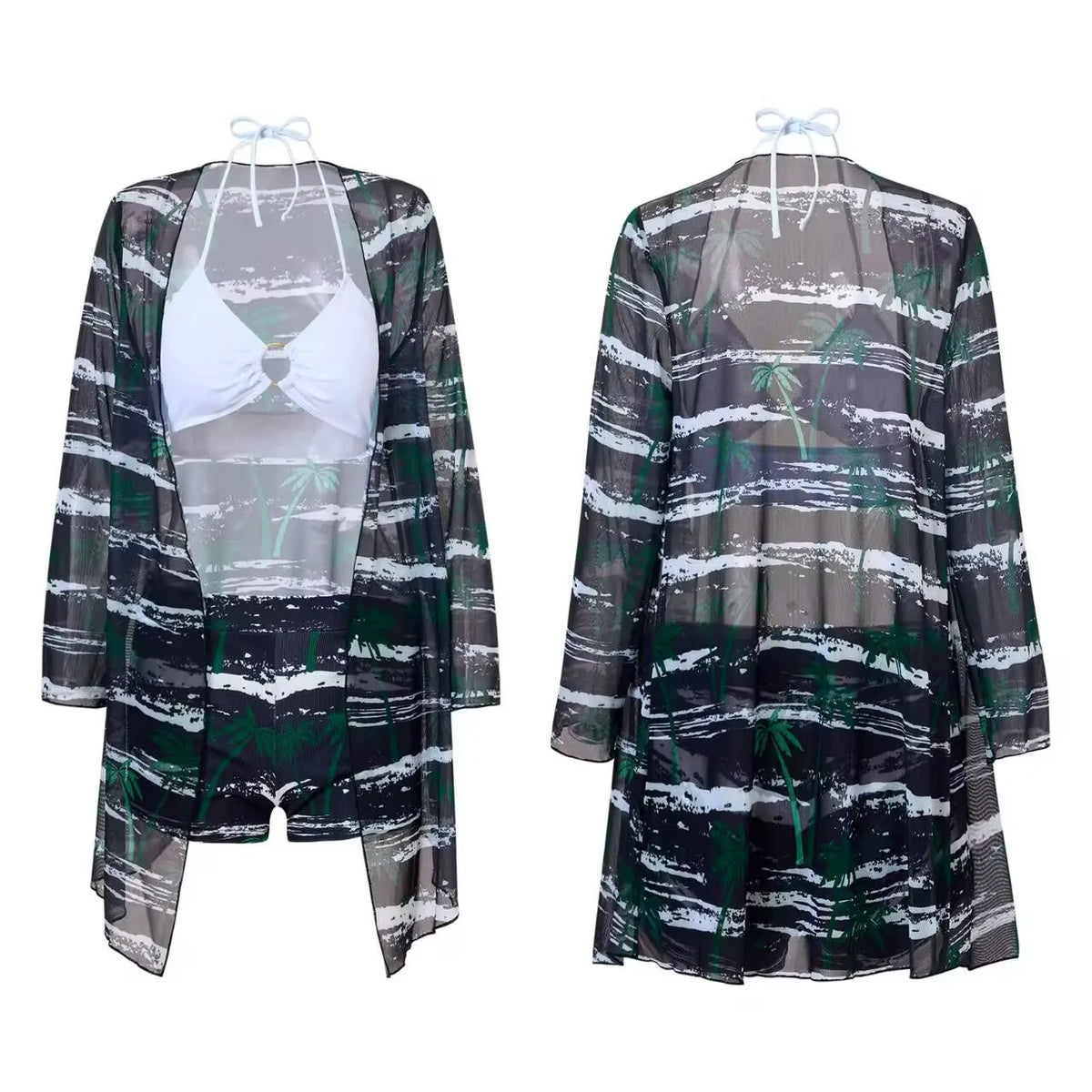 New Print 3 Pieces Padded High Waist Bikini Set Swimsuit Women Swimwear with Kimono Beach Wear Ladies Bathing Suit with Shorts