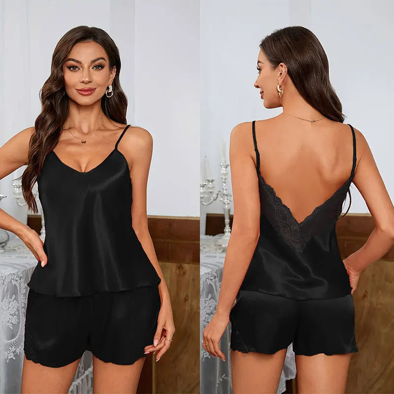Women Summer Sexy Pajamas Set Backless Deep V Sleepwear Lace Satin Comfortable Short Sleeve Cami Shorts Set