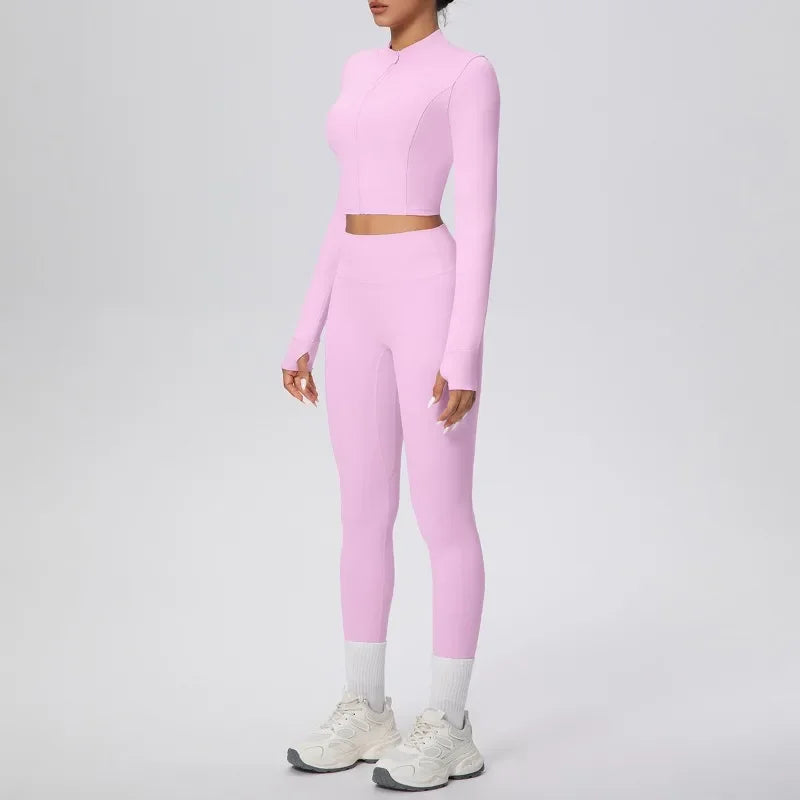 New Women Yoga Set Solid Color Double-Sided Brushed Bare Feel Short Long-Sleeve Jacket Tight Pants Running Fitness 2-Piece Set