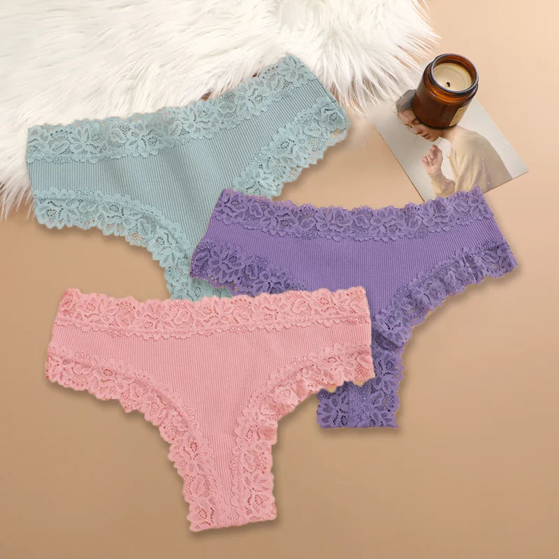 3Pcs Women Cotton Brazilian Pants Sexy Lace Brazilian Briefs Low Waist Floral Solid Color G-string Breathable Soft Lingerie