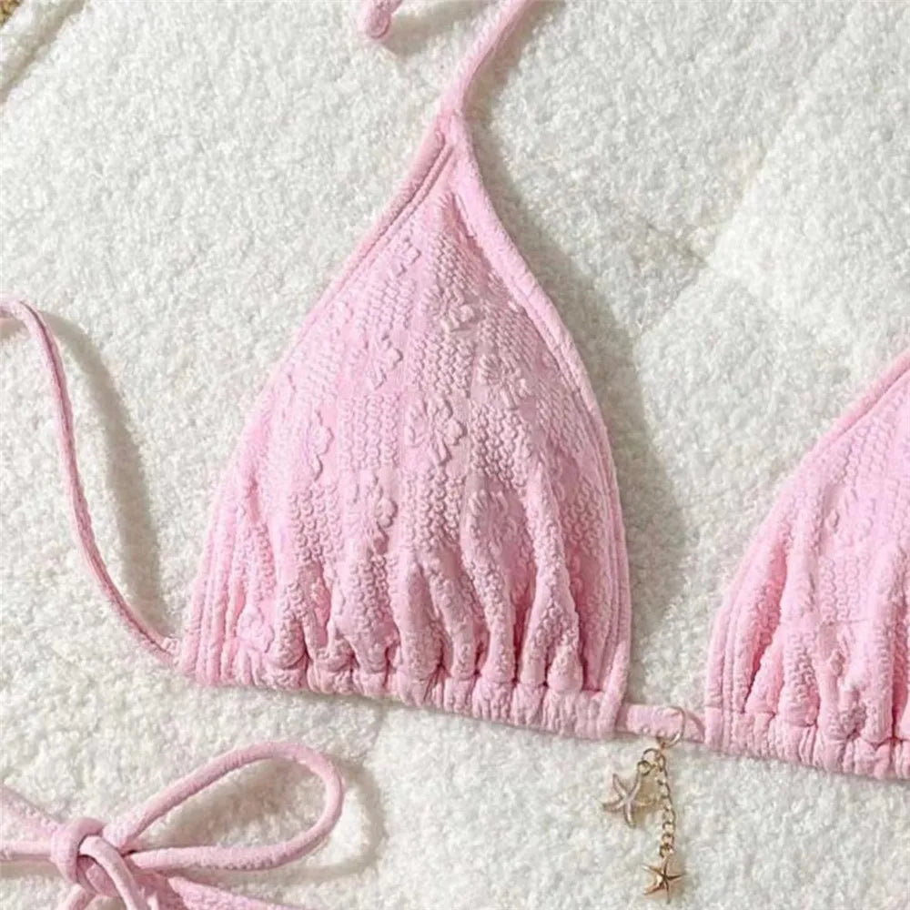 Pink Flower Emboss Solid Swimwears Halter String Triangle Bikini Micro Thong Sexy Swimsuit Women 2026 Bathing Suit Bikinis Sets