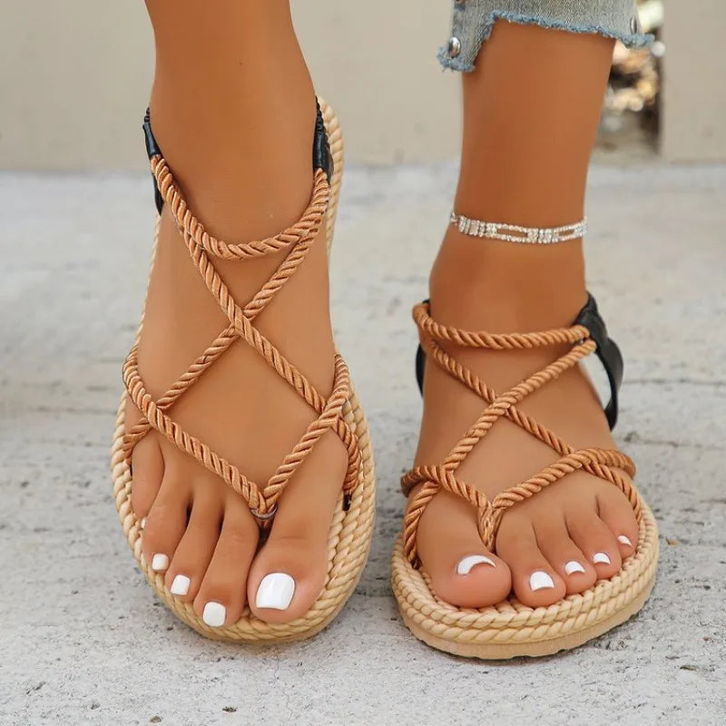 Women Shoes 2026 Summer Weave Non Slip Cross Tied Women Roman Sandals Womens Closed Toe Peep Toe Lightweight Beach Sandals