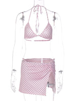FDYOUI Women's Polka Dot Print Pink Swimsuit Lace-up Bras Panties Split Skirts 3 Pieces Bikinis Sets Bathing Suit Beach Swimwear