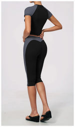 Color Blocking 2PCS Yoga Set Women's Tracksuit Short Sleeve O Neck Sports T Shirts High Waist Cropped Pants Tight Fitness Suits