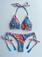 2026 New Women's Swimsuit Neck Hanging Bikini Set Split Beach Swimsuit 2-piece Set with Tassel Decoration