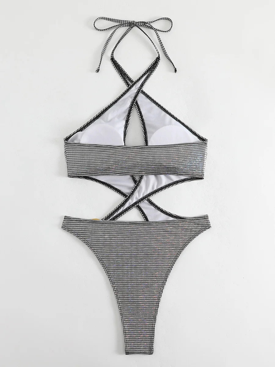 2025 Sexy High Cut Out Halter Female Swimwear One Piece Swimsuit Women Cross Bandage Monokini Bather Bathing Suit Swim Beachwear