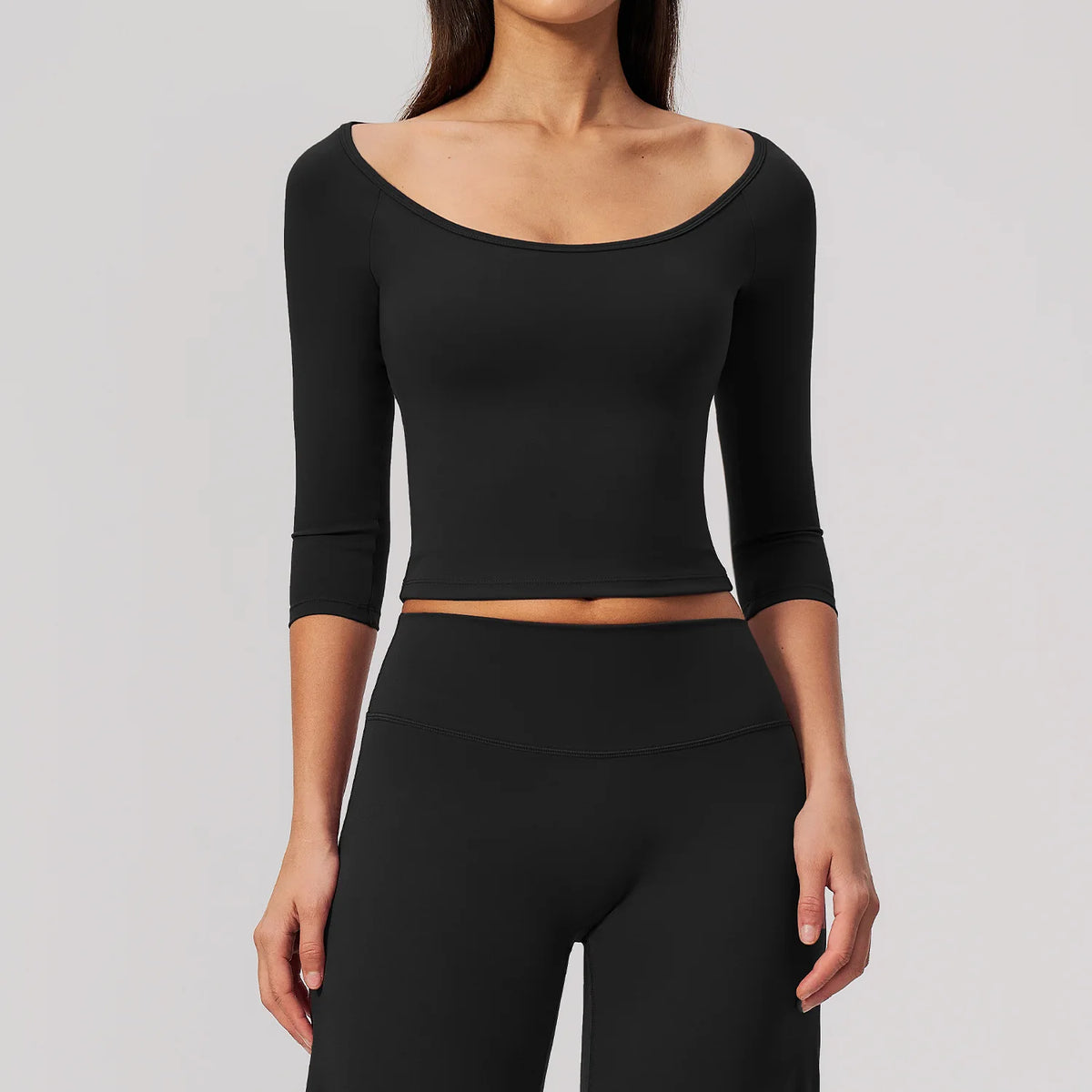 NCLAGEN Yoga Long Sleevetop Women Pilates Gym Clothes Quick Dry Cropped Compression 5/4 Sleeve Fitness Shirt Boat Neck‌ Crop Top