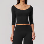 NCLAGEN Yoga Long Sleevetop Women Pilates Gym Clothes Quick Dry Cropped Compression 5/4 Sleeve Fitness Shirt Boat Neck‌ Crop Top