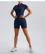 Yoga Jumpsuit Fashion Zipper Dance Short Playsuit Women Romper Short Sleeve Gym Fitness Overalls One Piece Sports Suit Unitard