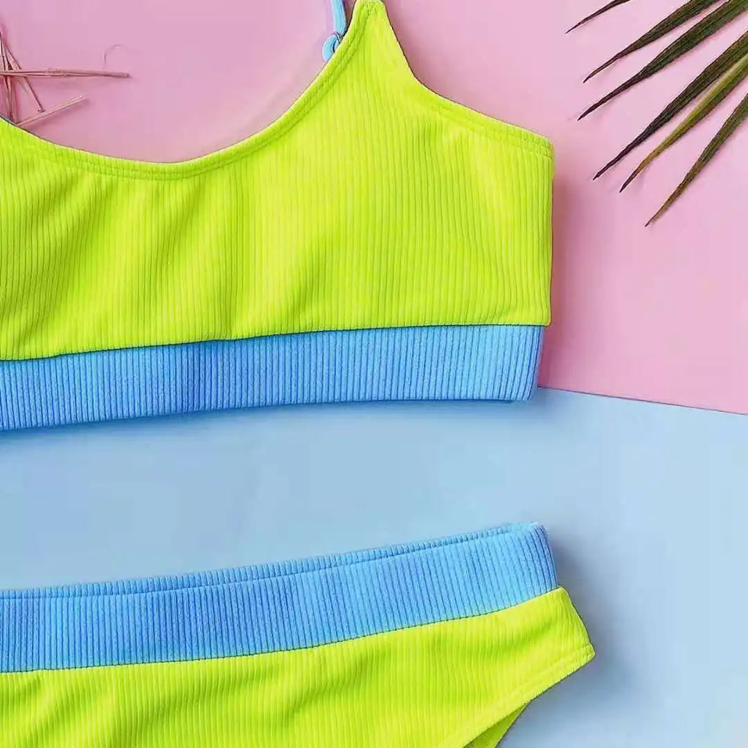Women High Waisted Bikini Set Color Block Swimsuit 2 Piece High Cut Bathing Suit Cheeky Neon Yellow Swimwear Beach Bathing Suit