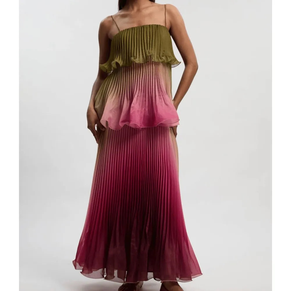 MsChuh Vestidos 2026 Woman Dress Vestido Dresses Spaghetti Strap Temperament Playful Gradient Ruffles Sleeveless Pleated Holiday