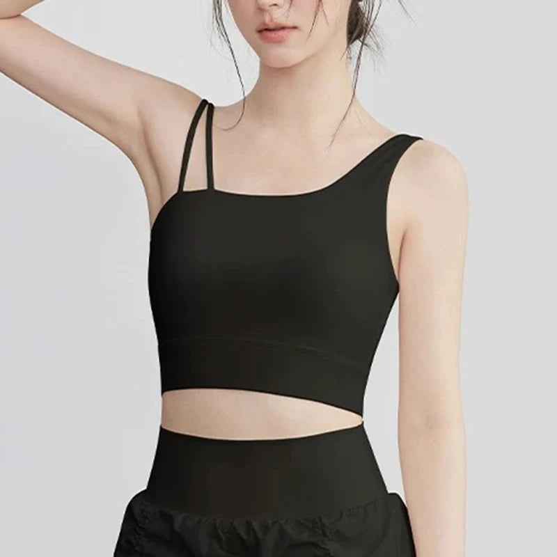 Women's Irregular Shoulder Strap Yoga Sports Bra Shockproof One-Piece Cup Running Vest for Training Fitness And Yoga