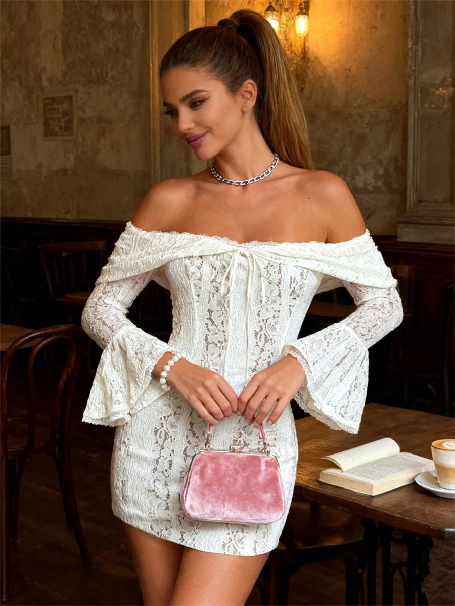 Women Off Shoulder Mini Dress Flare Long Sleeve Lace Flower Bodycon Short Dress for Holiday Daily Club Sexy Dresses