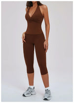 2PCS Workout Set Women Yoga Sets V Neck Cross Slim Sports Tank Top Athletic Wear Outdoor Tight High Waist Leggings Fitness Suits