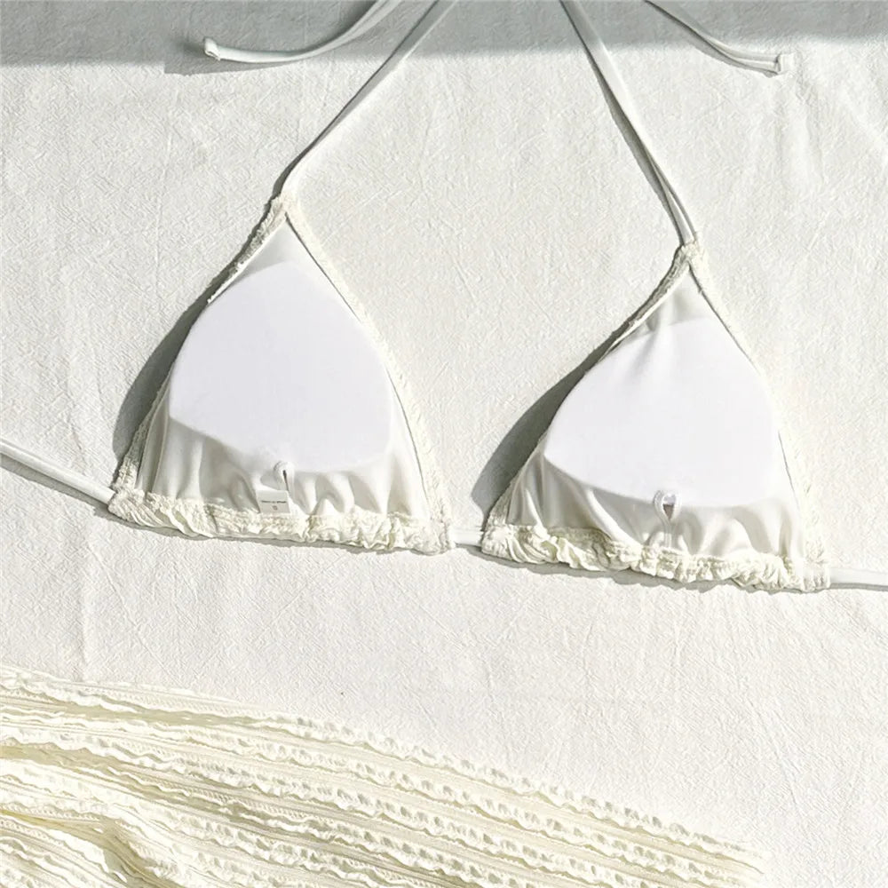 Army Green Solid Swimwears 3 Piece Halter Triangle Bikini Set Cover Ups Micro Thong Sexy Swimsuit Women Beachwear String Bikinis