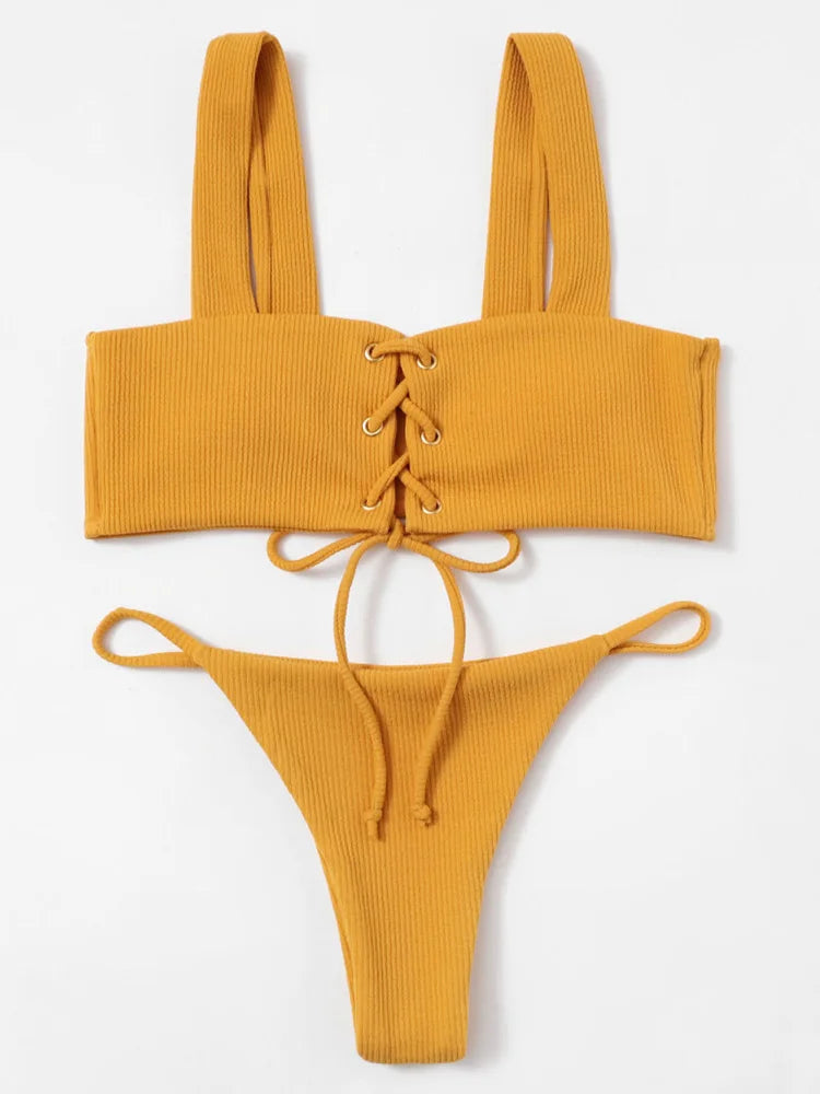 2025 Micro Bikinis Ribbed Bikini Set Women Sexy Swimsuit Mujer Bandeau Bikinis Lace Up Stylish Bathing Suit Wide Straps Swimwear