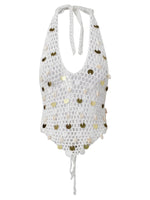 Women Halter Neck Sleeveless Crochet Hollow Out Sequin Seashell Decor Crop Vest Summer Tank Tops for Vacation Beach
