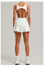 New Large Backless Tennis Dresses Women Solid Color Sleeveless Glare Pleated Yoga Skirt with Pocket Shorts Running Fitness Dress