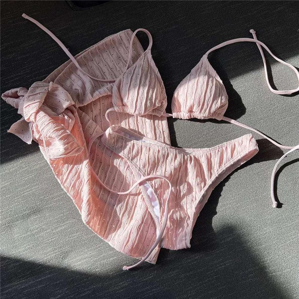 Three Piece Bikinis Sets 2026 String Halter Swimwear with Cover Up Sexy Swimsuit Women Beachwear Bathing Suit Black Mini Bikini