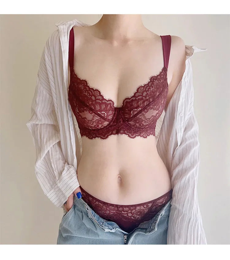 Modest French Lace Abaya Bra Set Women Sexy Deep V Full Coverage Big Bust Support Anti Sagging Comfort Summer Luxury Minimizer