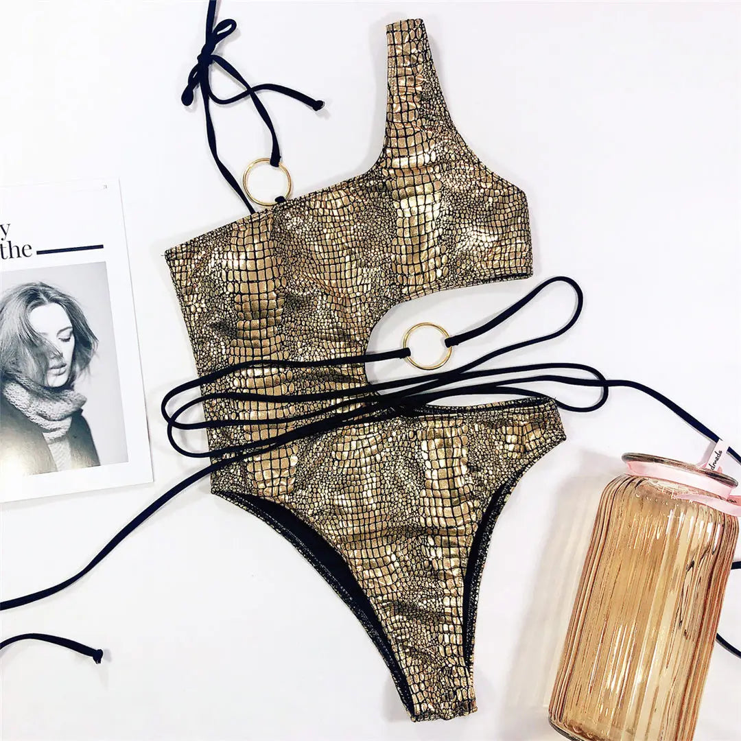 Sexy Snake Printed One Shoulder Wrap Around Cut Out Women Swimwear One Piece Swimsuit Female Bather Bathing Suit Swim V1892C